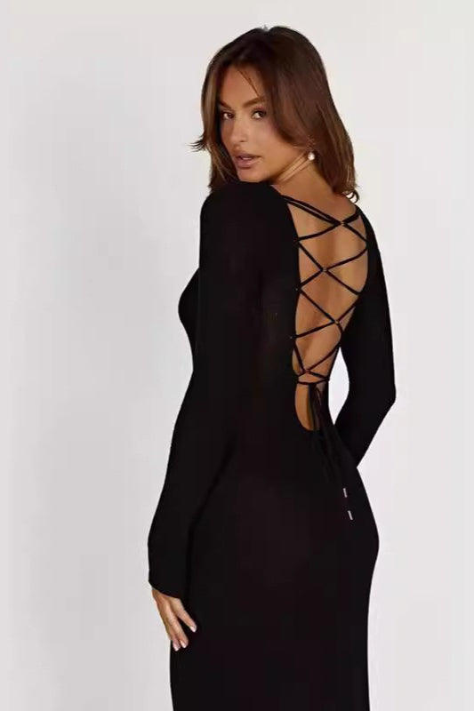 Ribbed Knit Long Sleeve Lace Up Open Back Bodycon Maxi Dress