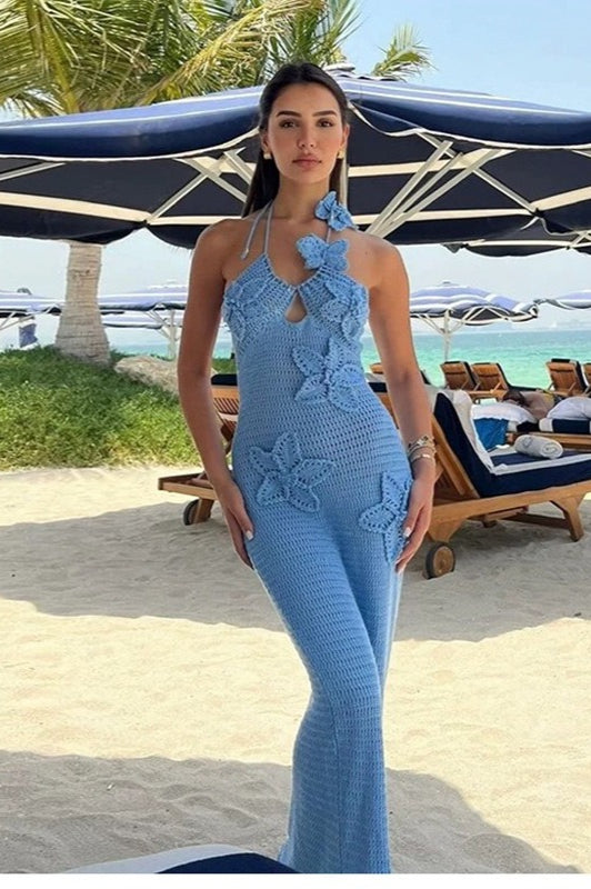 Crochet Halter Neck Keyhole 3D Floral Applique Bodycon Maxi Dress