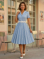 Retro Glamour Dress 1950s Style Turndown Collar Buttons Short Sleeves Polka Dot Swing Dress