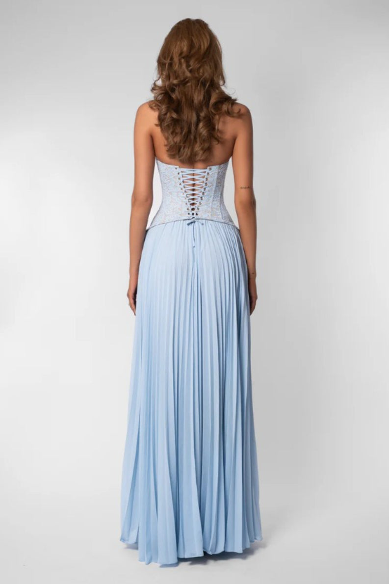 Halter Deep V Neck Lace Bodice Accordion Pleated Maxi Dress