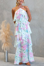 Poetic Eden Chiffon Floral Print Tiered Ruffles Halter A-line Maxi Dress