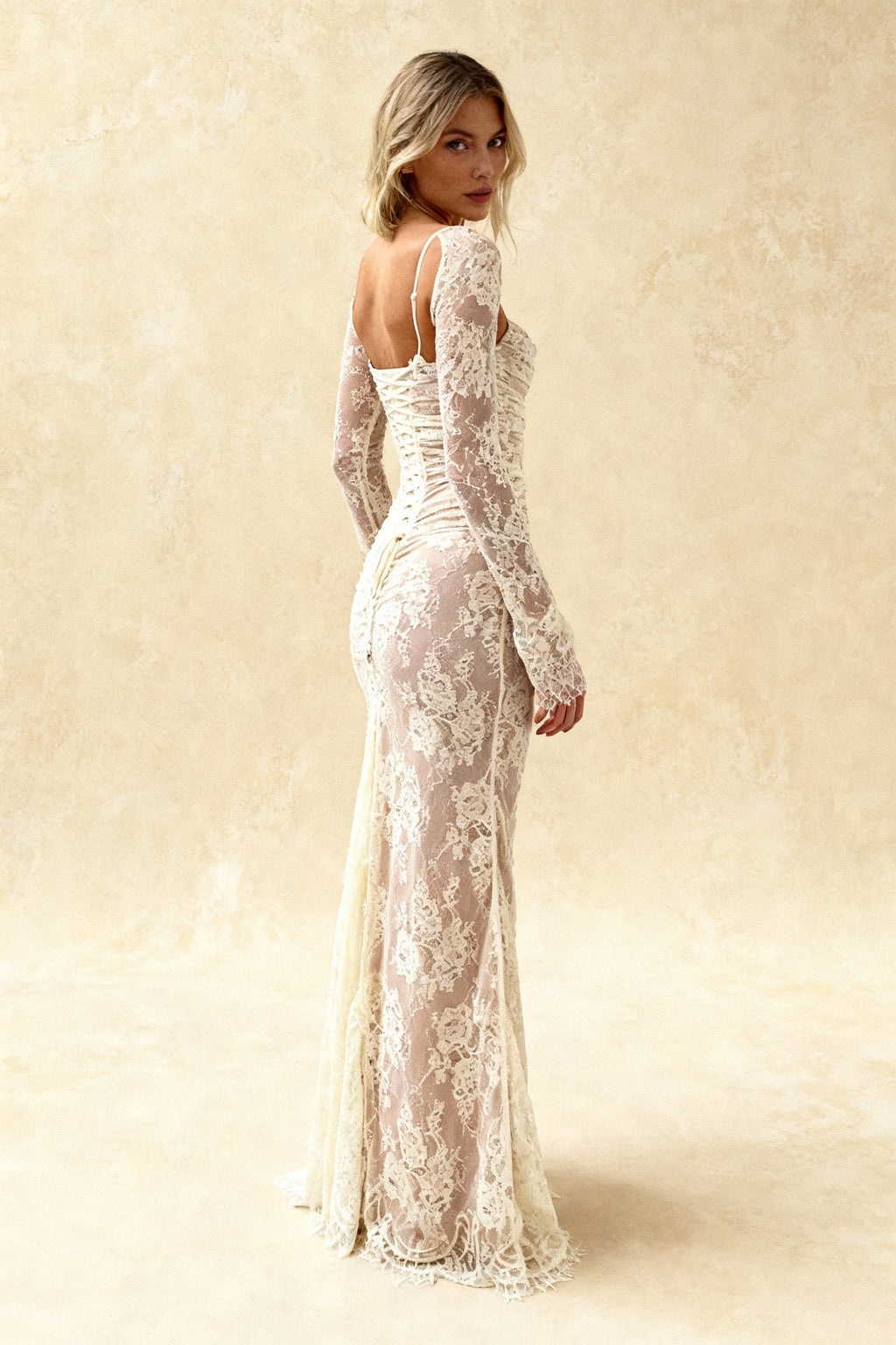 Floral Lace Square Neck Spaghetti Strap Ruched Long Sleeve Bolero Maxi Dress