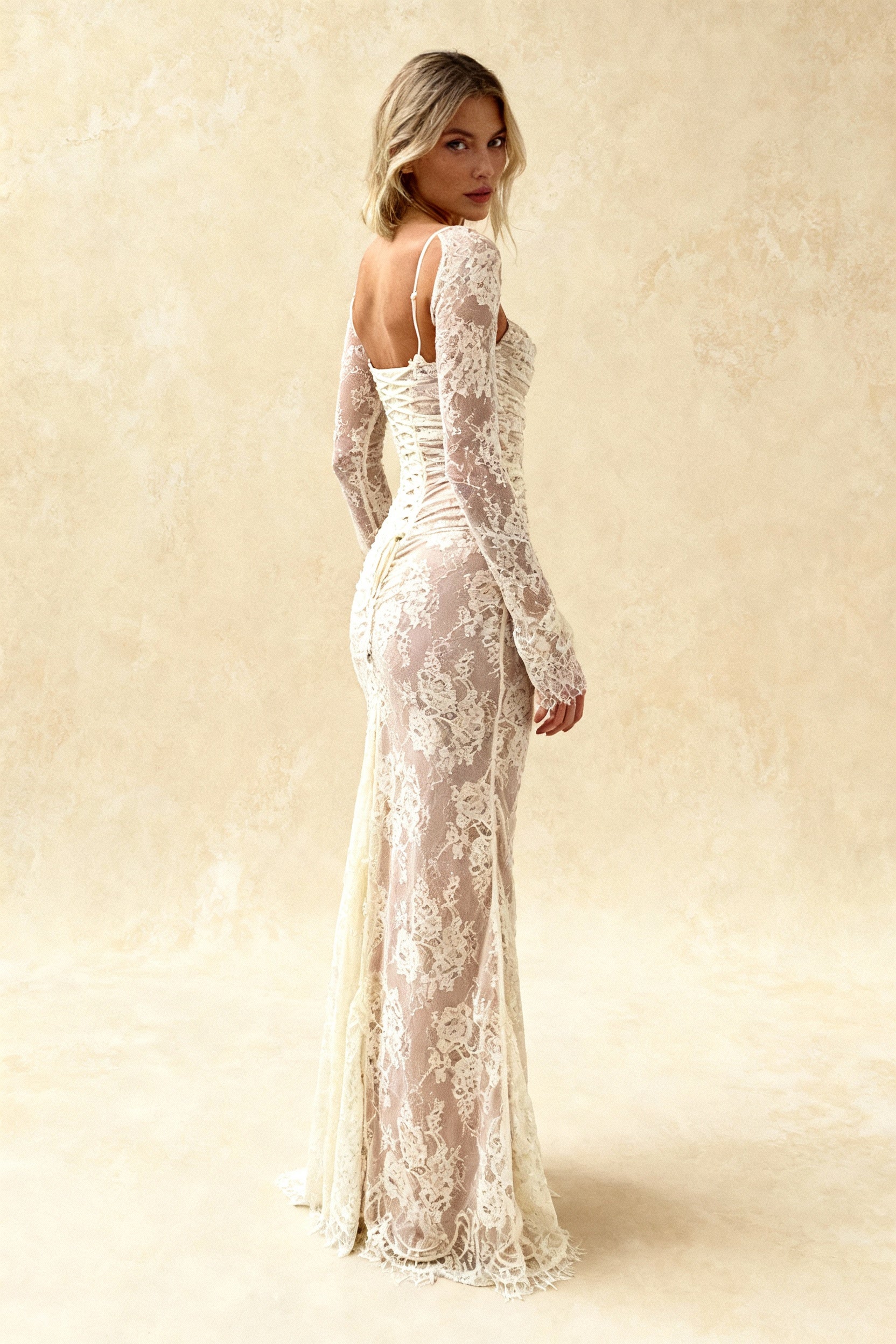 Floral Lace Square Neck Spaghetti Strap Ruched Long Sleeve Bolero Maxi Dress