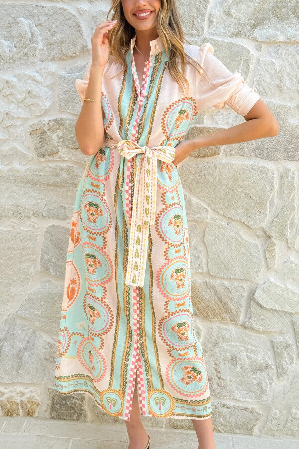 Unique Printed Puff Sleeve Button Lace Up Vacation Maxi Dress