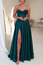 Glitter Cowl Neck Corset Bodice Spaghetti Strap Pleated High Split Pocketed Maxi Gown