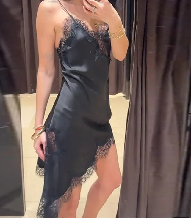 Lace Trim V Neck Asymmetrical Hem Satin Slip Mini Dress