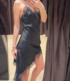 Lace Trim V Neck Asymmetrical Hem Satin Slip Mini Dress