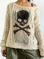 Cutout Skull Print Twist Design Knit Loose Sweater