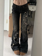 Floral Embroidery Slim Fit Flare Jeans