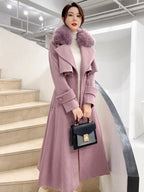 Full Length Flared Woolen Coat White Faux Fur Collar Classic Lapel Belted Slim A-line Winter Maxi Coat 2026