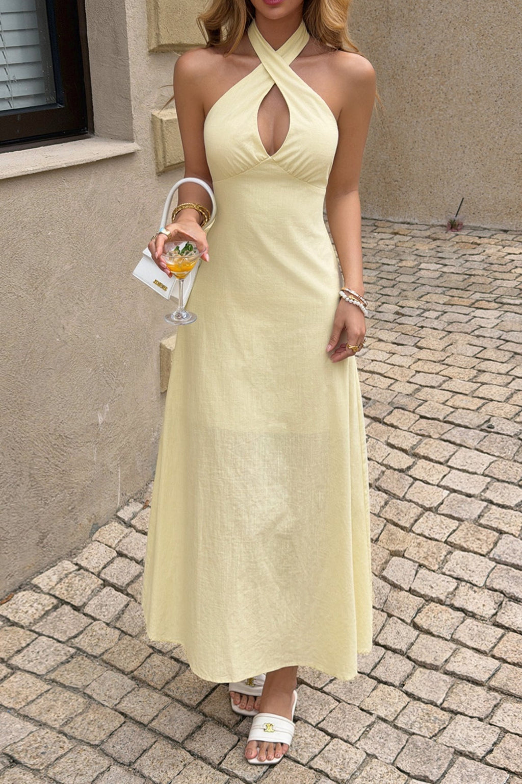 Beige Crisscross Halter Keyhole Ruched Waist A Line Midi Dress
