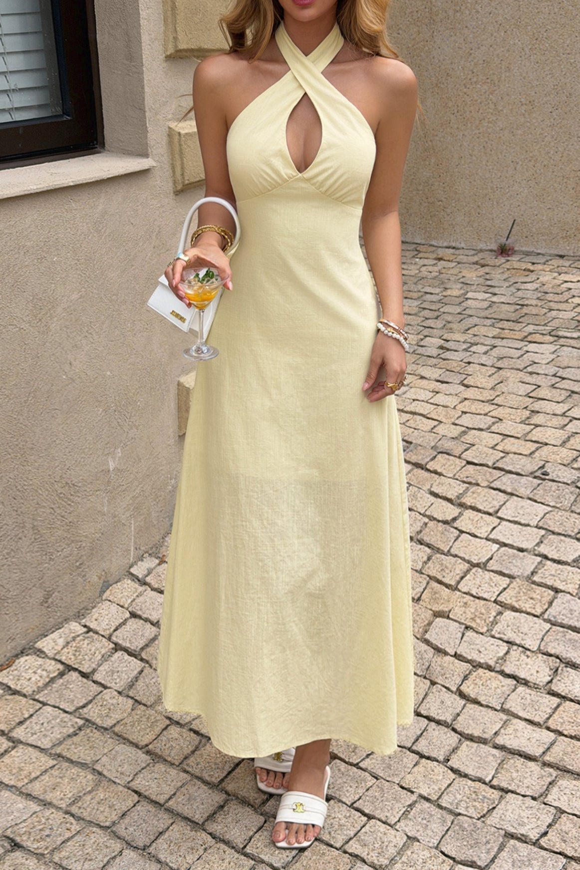 Beige Crisscross Halter Keyhole Ruched Waist A Line Midi Dress