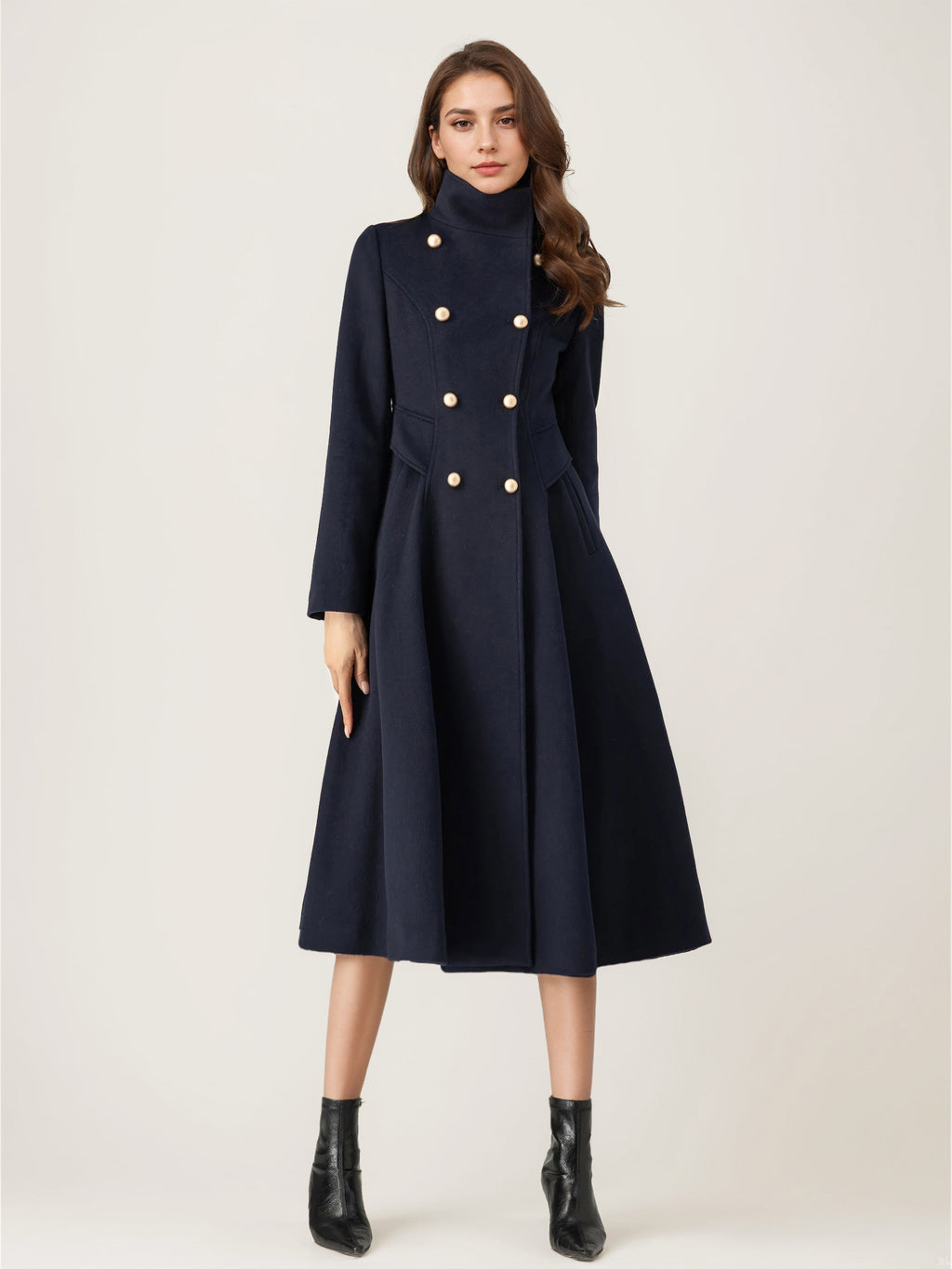 Woolen Flared Coat For Woman Stand Collar Dark Navy Vintage Double-breasted Winter Midi Outerwear 2026