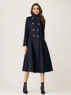 Woolen Flared Coat For Woman Stand Collar Dark Navy Vintage Double-breasted Winter Midi Outerwear 2026