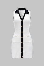 Knit V-Neck Contrast Button Sleeveless Pocket Dress