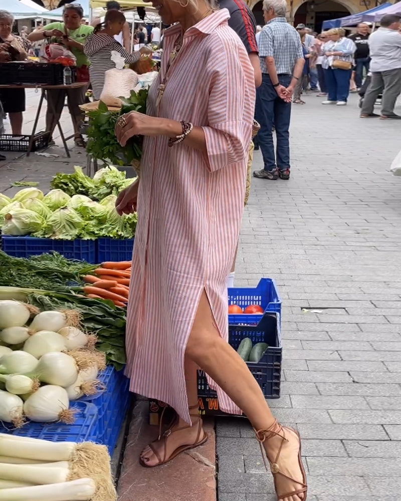 Sonia Effortless Striped Casual Dress with Cuffs and Slits Boutique Collection