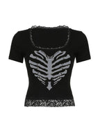 Lace Patchwork Skull Print Black Short Sleeve Tees