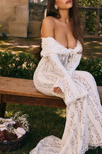 | Off Shoulder Floral Lace Flared Sleeve Fishtail Maxi Dress - White
