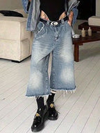 Washed Raw Edge Baggy Denim Shorts