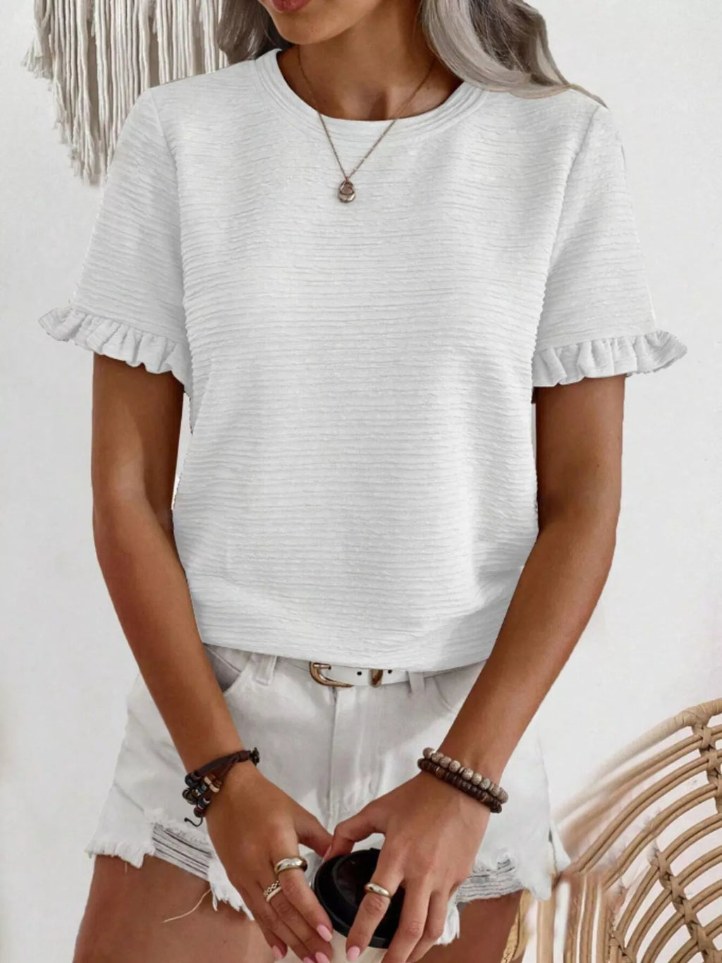 Textured Ruffle Sleeve Round Neck T-Shirt