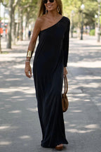 One Shoulder Long Bishop Sleeve Side Slit Flowy Maxi Dress