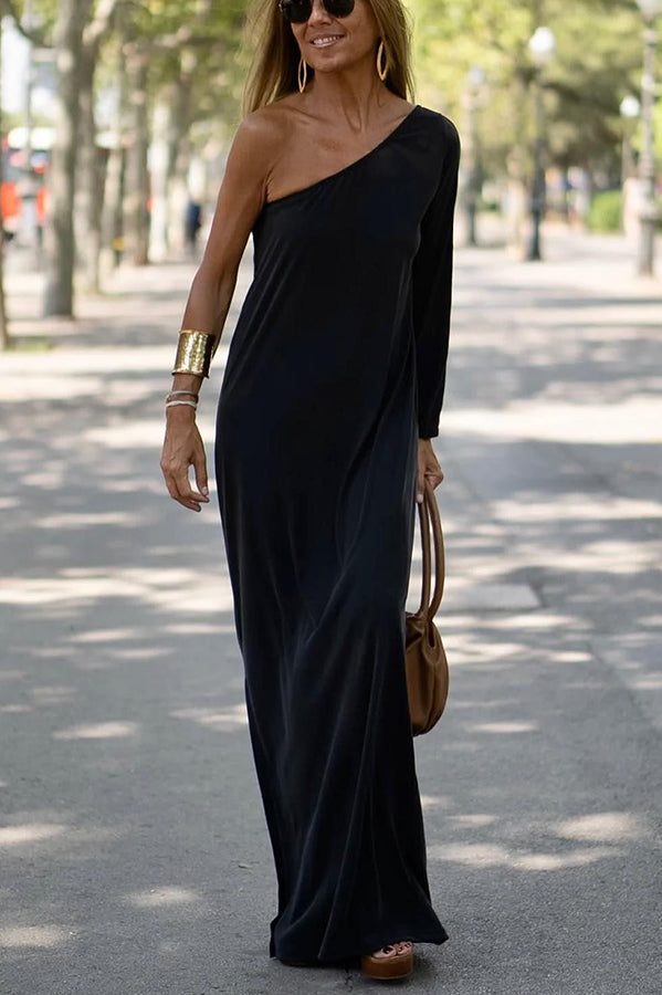 One Shoulder Long Bishop Sleeve Side Slit Flowy Maxi Dress