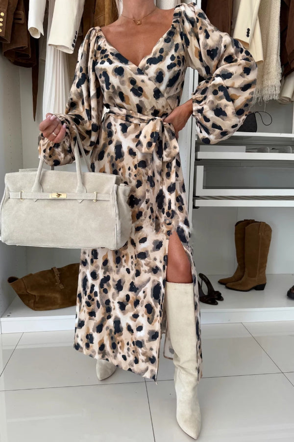 Unique Printed V-neck Long-sleeved Waist Tie Slit Maxi Dress