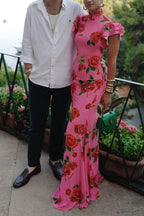 Elegant party cheongsam style rose print layered flared sleeve elastic long skirt