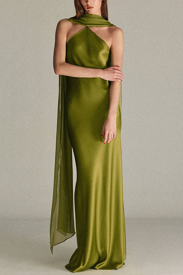 Elegant and Refined Satin Detachable Scarf-style Halter Maxi Dress