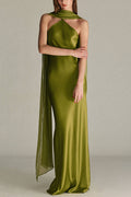 Elegant and Refined Satin Detachable Scarf-style Halter Maxi Dress