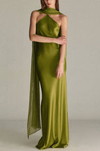 Elegant and Refined Satin Detachable Scarf-style Halter Maxi Dress