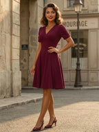 V Neck Ruched Bust Short Sleeve A Line Swing Cocktail Dress For Women 2026