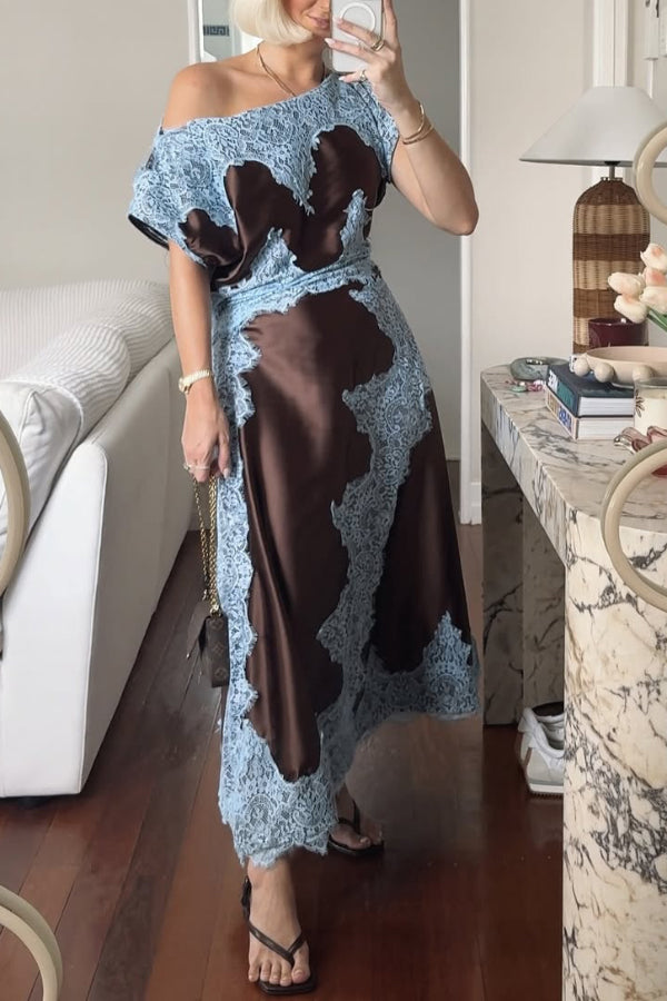 Fashionable Satin Lace Patchwork Asymmetrical Neckline and Fitted Waist Maxi Dress