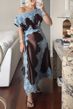 Fashionable Satin Lace Patchwork Asymmetrical Neckline and Fitted Waist Maxi Dress