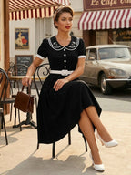 Double Layer Peter Pan Collar Embroidery Puff Sleeve Swing Dress For Women 2026