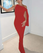 High Neck Sleeveless Draped Shoulder Sash Column Maxi Dress