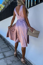 Satin Wrap V-Neck Ruched Waist Fit and Flare Midi Dress