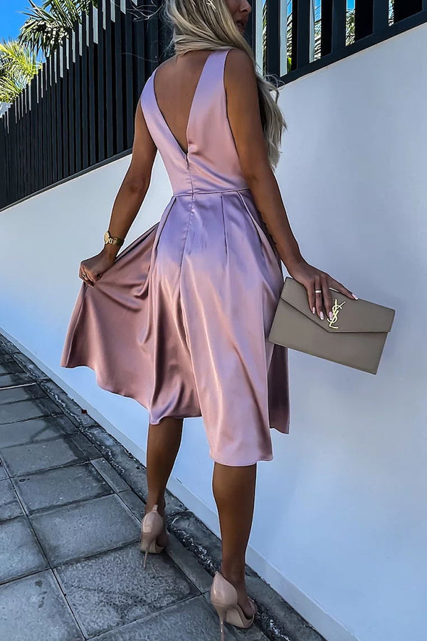 Satin Wrap V-Neck Ruched Waist Fit and Flare Midi Dress