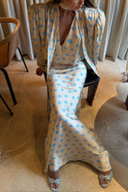 Vayla Satin Colorblock Polka Dot Print High Rise Flare Drape Maxi Skirt