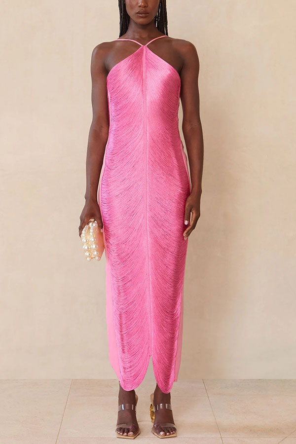 Metallic Pleated Fringe Halter Neck Backless Slit Maxi Gown