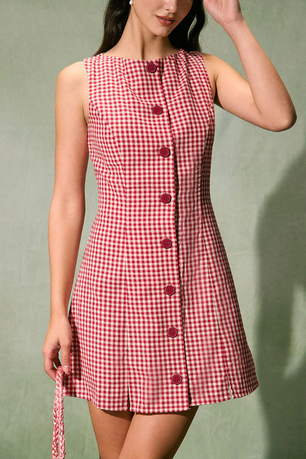 Retro Plaid Print Sleeveless Round Neck Button Casual Mini Dress