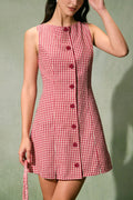 Retro Plaid Print Sleeveless Round Neck Button Casual Mini Dress