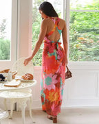 Clara'sHoliday V-Neck Floral PrintLace-Up Maxi Dress