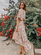 Floral High Low Boho Dress for Women - Cream Pink Cut Out Tie Front Flutter Sleeve Long Dress - Summer Beach Holiday 2026