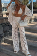 Holiday Crochet Flowers Lace Short Sleeve Shirt and Elastic Waist Wide Leg Pants Set