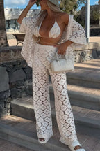 Holiday Crochet Flowers Lace Short Sleeve Shirt and Elastic Waist Wide Leg Pants Set