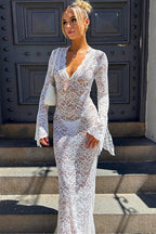 Deep V Neck Bell Sleeve Scallop Trim Floral Lace Maxi Dress