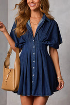 Stylish Collared Short-sleeved Fitted Waist Button-down Casual Mini Dress