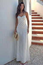Sweetheart Halter Knot Bodice Mixed Scale Polka Dot Maxi Dress