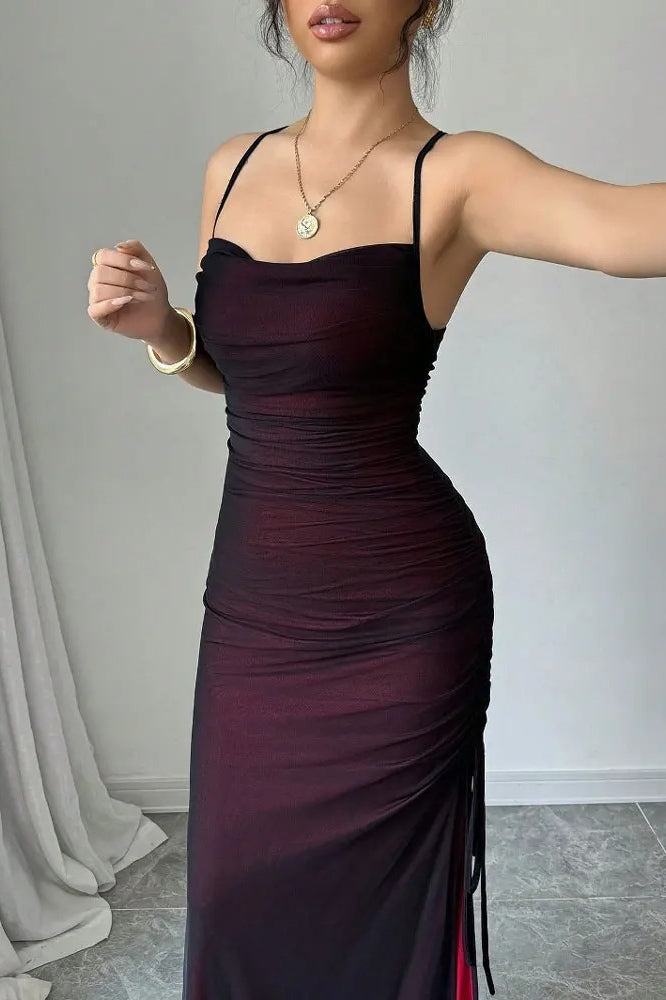 Mesh Overlay Ruched Spaghetti Strap Square Neck High Split Bodycon Maxi Dress